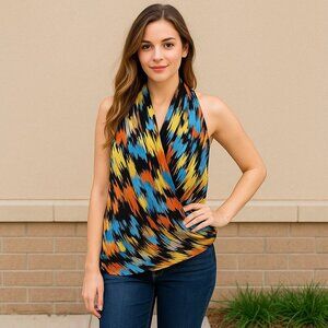 MM Couture by Miss Me Draped Halter Top Multicolor Abstract Print Women’s Size M